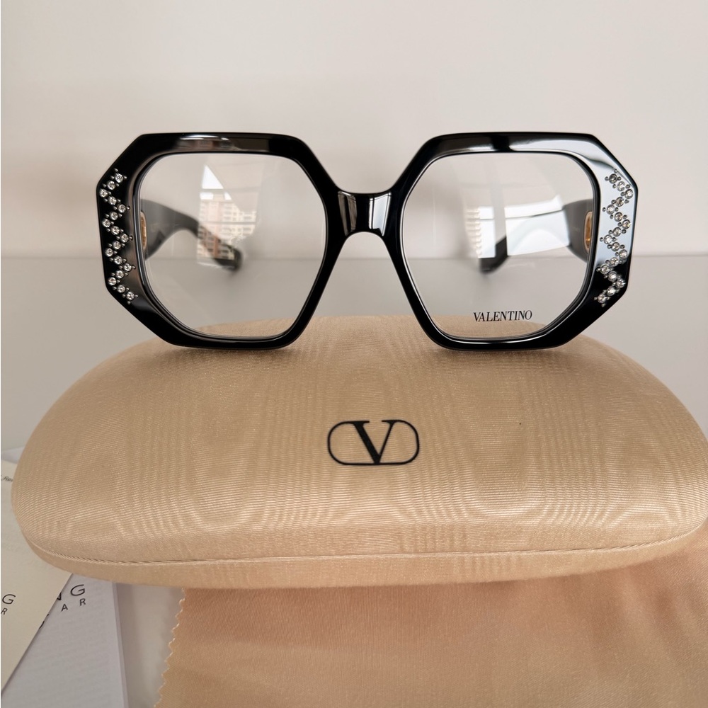 New Valentino VG0003O 004 Black Crystal-Embellished Oversized Sunglasses